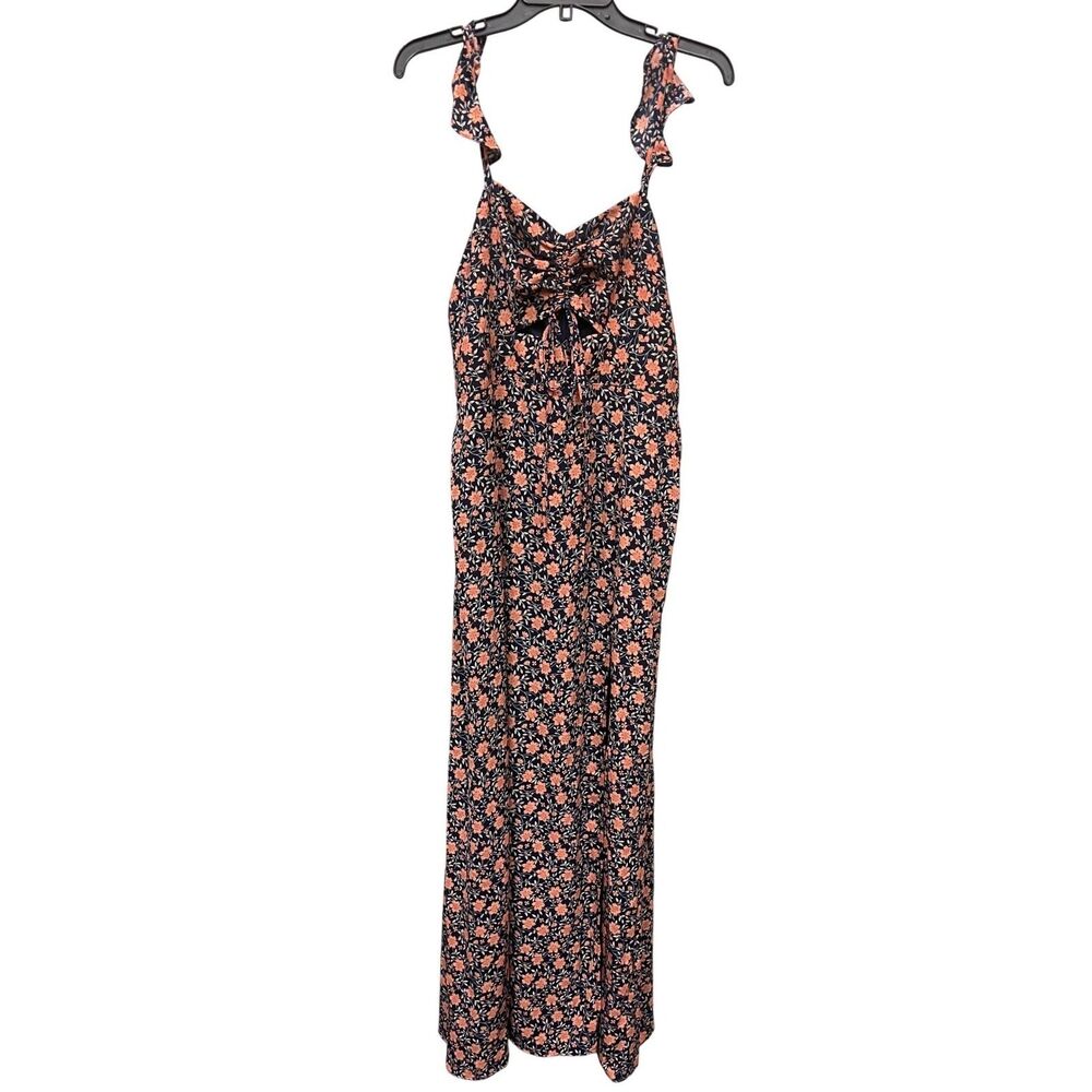 Lulus NWT Navy Floral Print Maxi Dress Tie Shoulder Ruched Front Slit XL